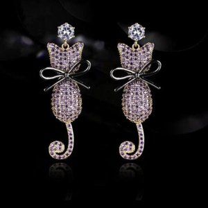Micro Inlaid Zircon Cute Bow Cat Earrings - Drop Earrings - Dangle Earrings